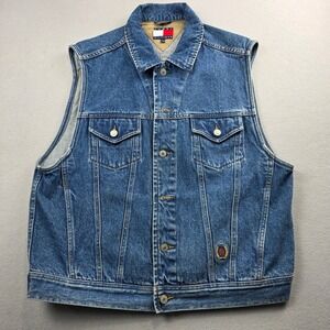 Vintage Tommy Hilfiger Denim Vest Mens Large Blue Button Front Crest Logo 90s